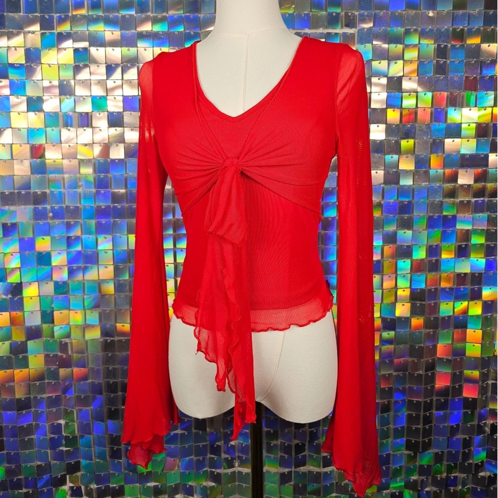 SHEIN Bell Sleeve Tie Front Top Womens Small Red Excellent Mesh Y2K V-Neck